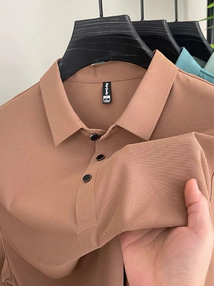 High end fashionable men's short sleeved summer new ice silk comfortable breathable polo shirt, high-quality casual T-shirt top