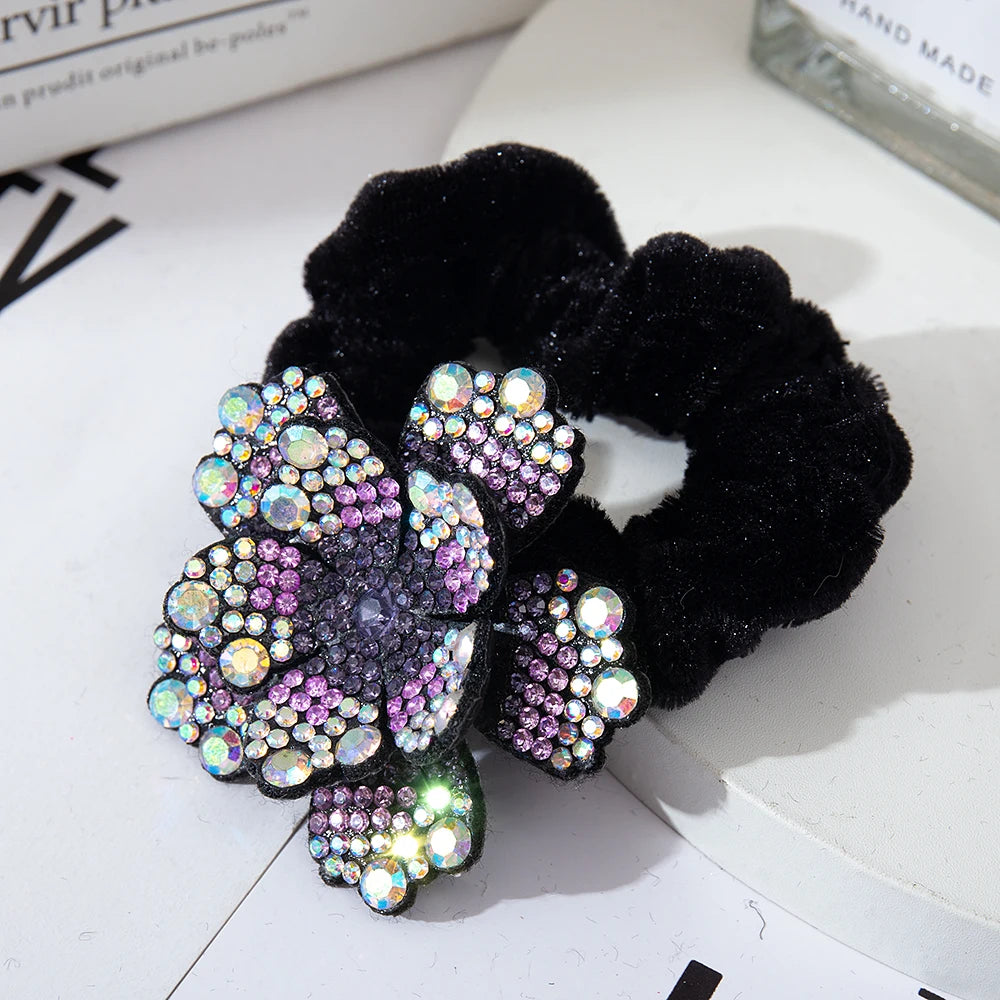 Women Rhinestone Scrunchies Velvet Elastic Hair Bands Flower Hair Rope Rings Ponytail Holder Crystal Headwear Hair Accessories