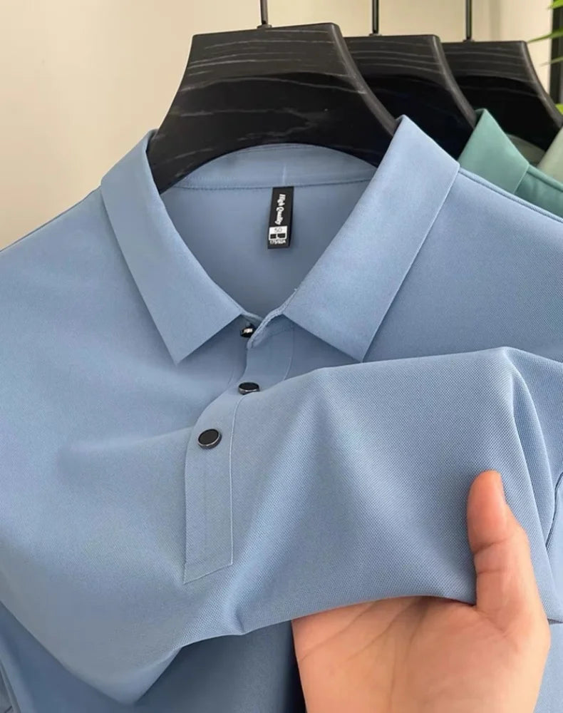 High end fashionable men's short sleeved summer new ice silk comfortable breathable polo shirt, high-quality casual T-shirt top