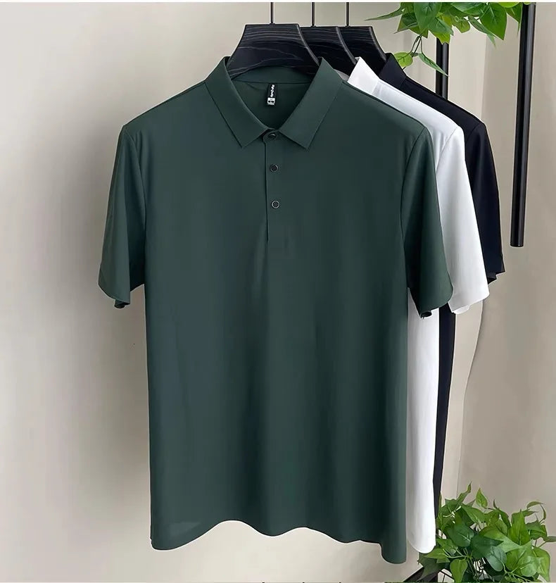High end fashionable men's short sleeved summer new ice silk comfortable breathable polo shirt, high-quality casual T-shirt top