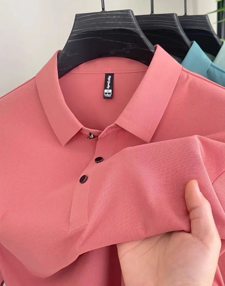 High end fashionable men's short sleeved summer new ice silk comfortable breathable polo shirt, high-quality casual T-shirt top