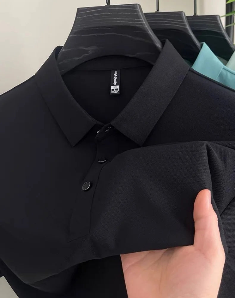 High end fashionable men's short sleeved summer new ice silk comfortable breathable polo shirt, high-quality casual T-shirt top