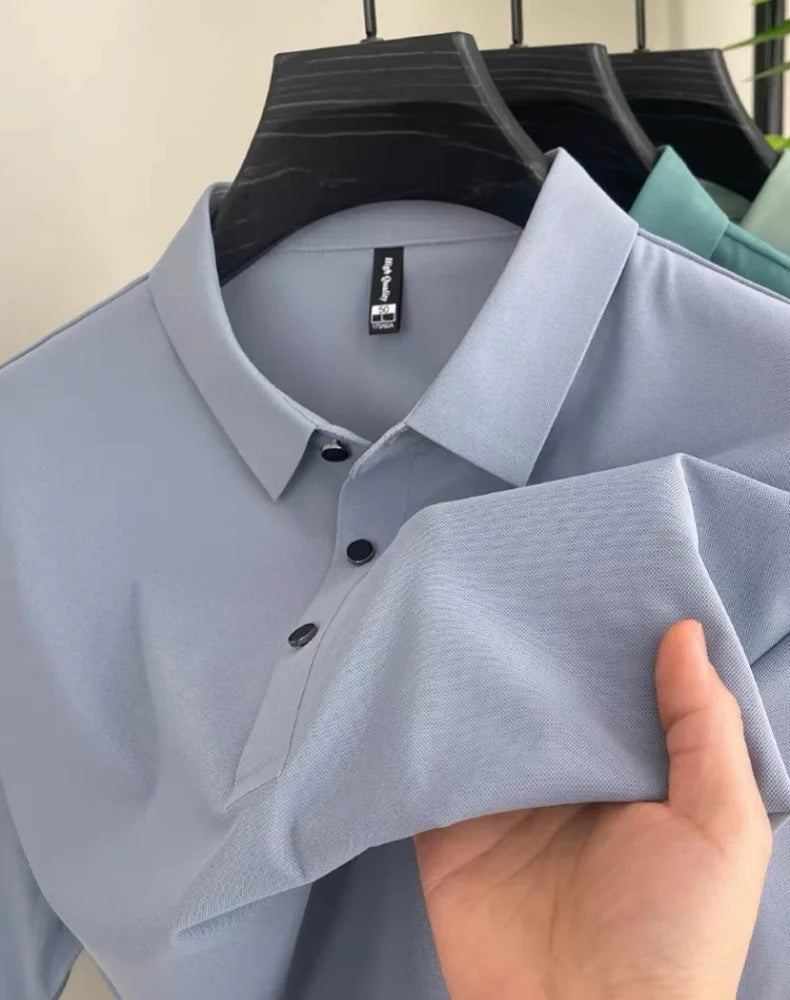 High end fashionable men's short sleeved summer new ice silk comfortable breathable polo shirt, high-quality casual T-shirt top