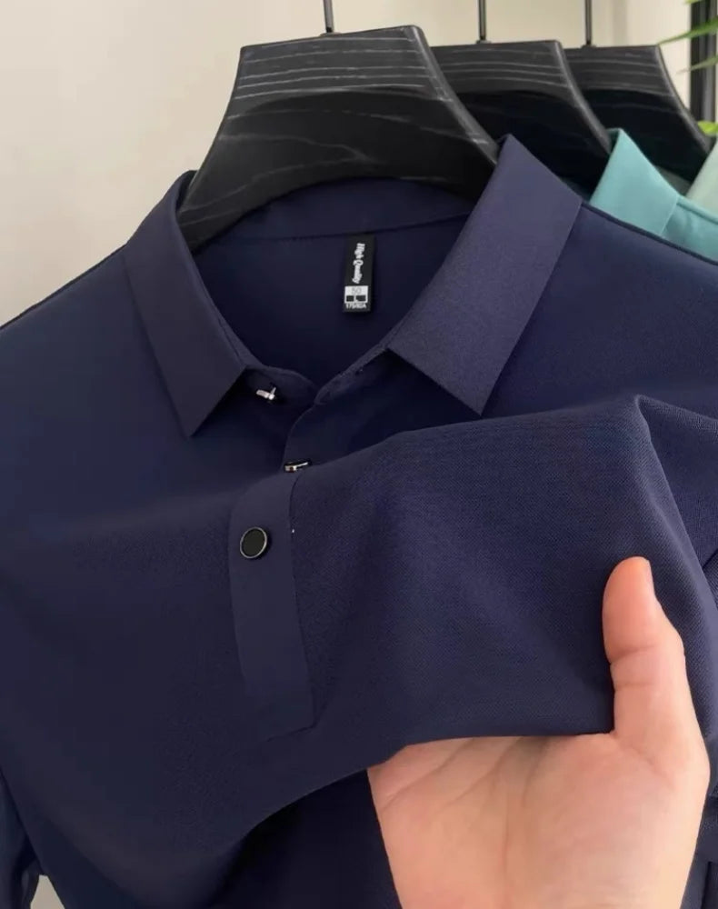 High end fashionable men's short sleeved summer new ice silk comfortable breathable polo shirt, high-quality casual T-shirt top