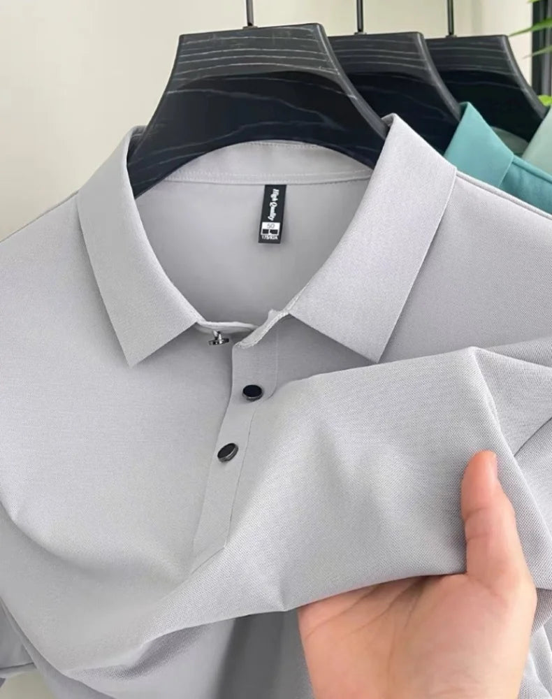 High end fashionable men's short sleeved summer new ice silk comfortable breathable polo shirt, high-quality casual T-shirt top