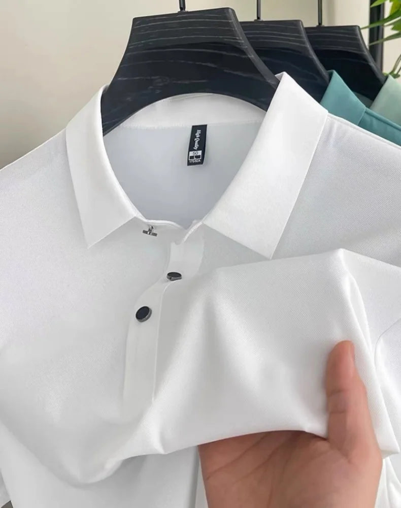 High end fashionable men's short sleeved summer new ice silk comfortable breathable polo shirt, high-quality casual T-shirt top