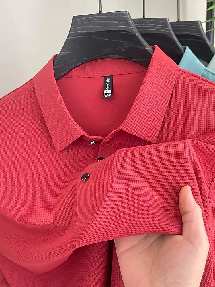 High end fashionable men's short sleeved summer new ice silk comfortable breathable polo shirt, high-quality casual T-shirt top