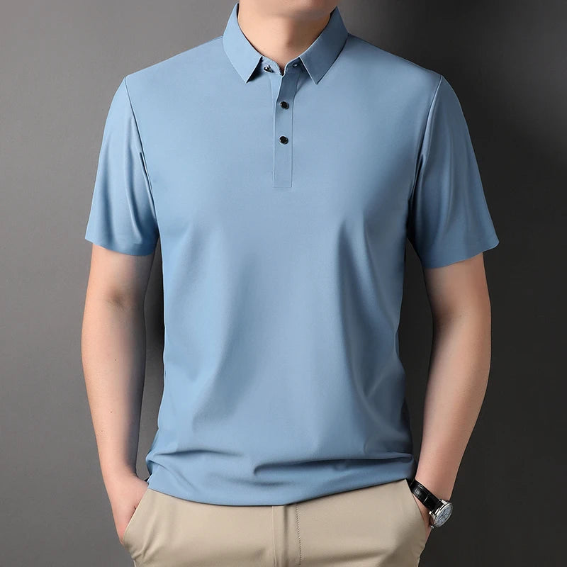 High end fashionable men's short sleeved summer new ice silk comfortable breathable polo shirt, high-quality casual T-shirt top