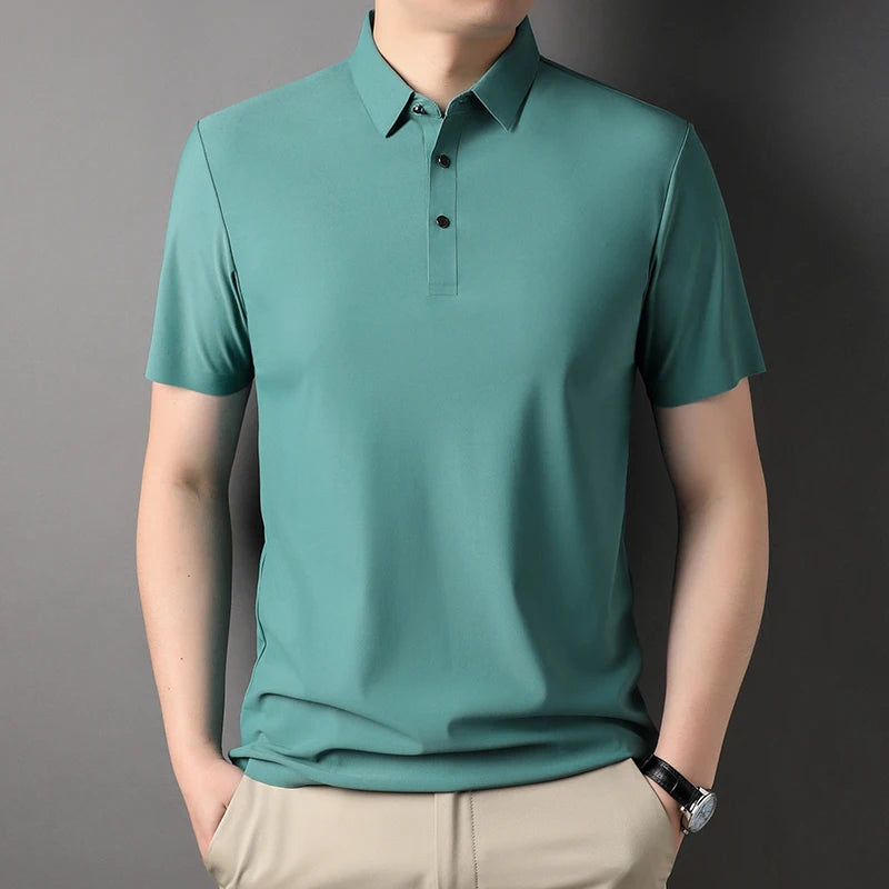 High end fashionable men's short sleeved summer new ice silk comfortable breathable polo shirt, high-quality casual T-shirt top