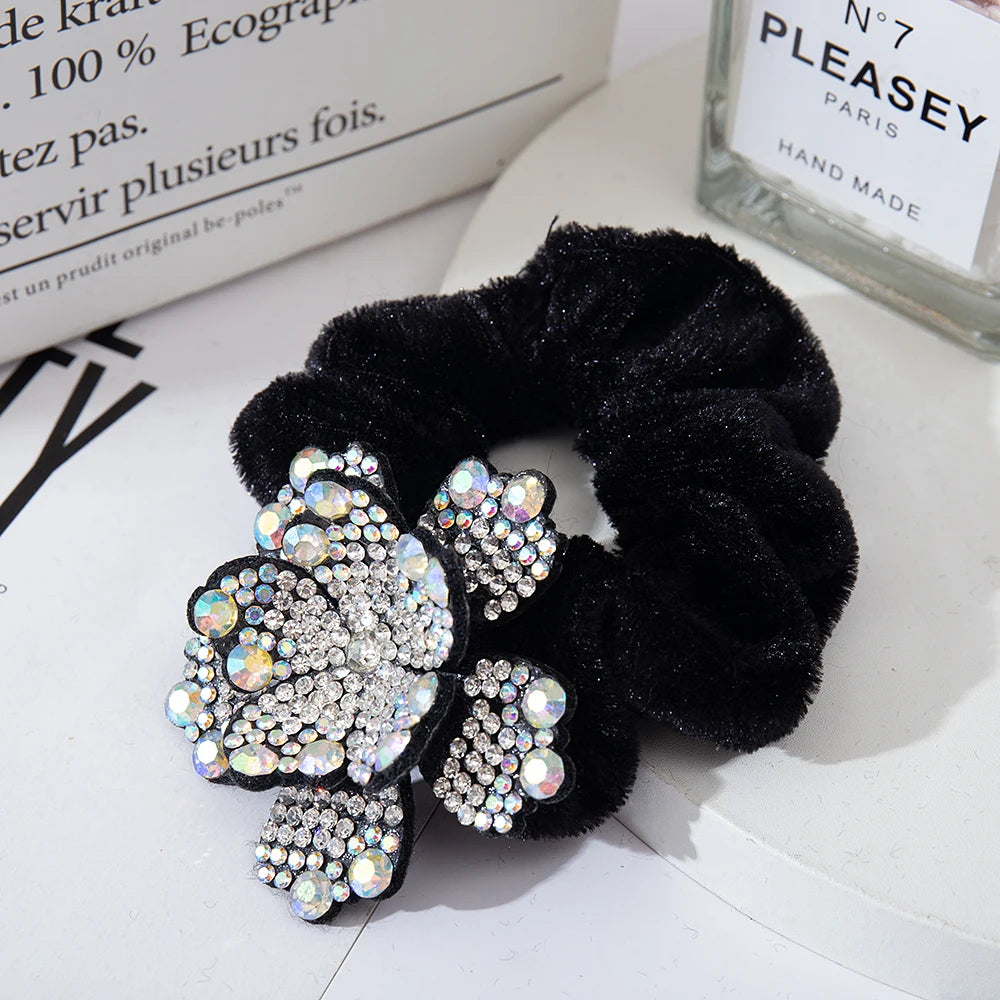 Women Rhinestone Scrunchies Velvet Elastic Hair Bands Flower Hair Rope Rings Ponytail Holder Crystal Headwear Hair Accessories