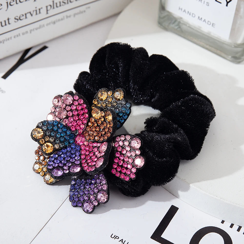 Women Rhinestone Scrunchies Velvet Elastic Hair Bands Flower Hair Rope Rings Ponytail Holder Crystal Headwear Hair Accessories