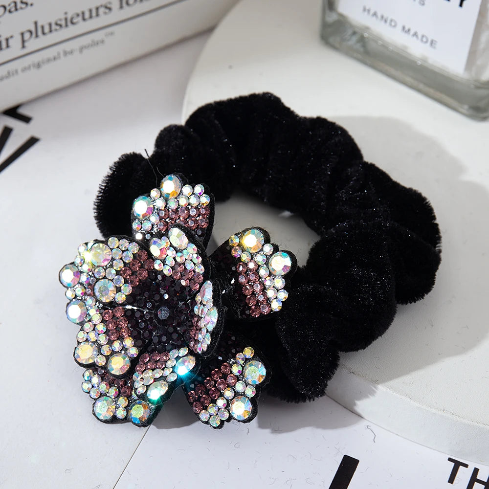 Women Rhinestone Scrunchies Velvet Elastic Hair Bands Flower Hair Rope Rings Ponytail Holder Crystal Headwear Hair Accessories