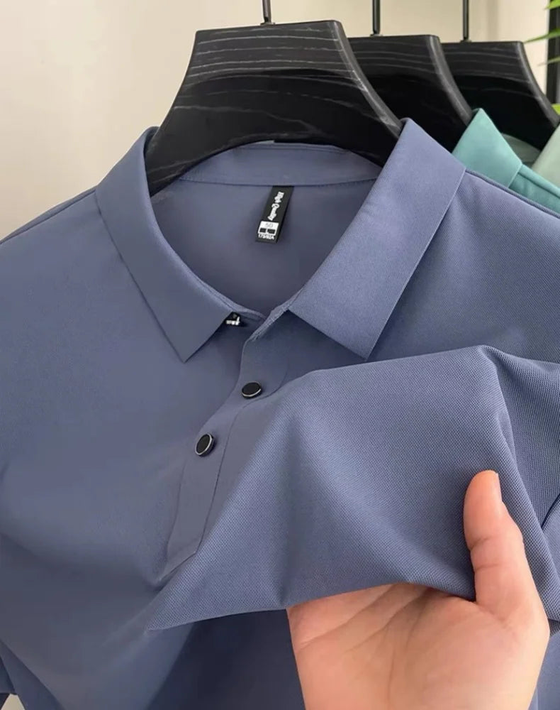 High end fashionable men's short sleeved summer new ice silk comfortable breathable polo shirt, high-quality casual T-shirt top