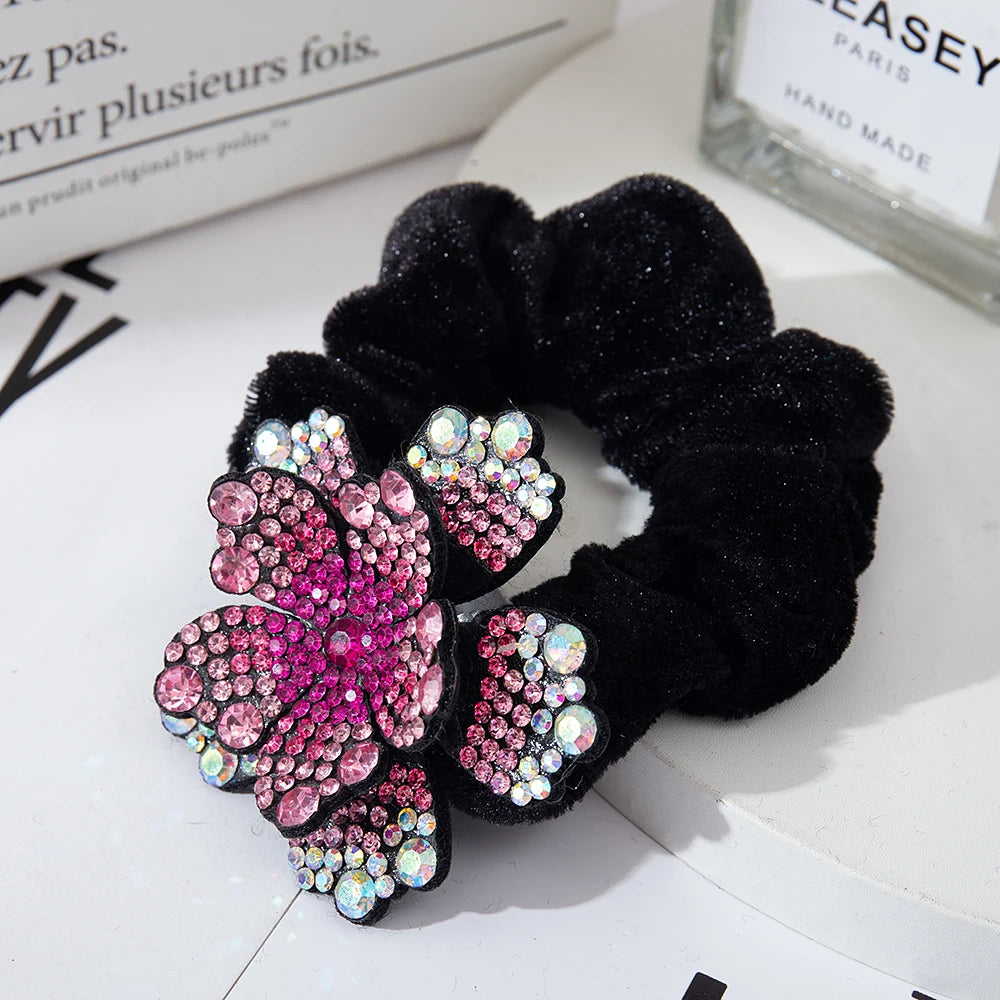 Women Rhinestone Scrunchies Velvet Elastic Hair Bands Flower Hair Rope Rings Ponytail Holder Crystal Headwear Hair Accessories