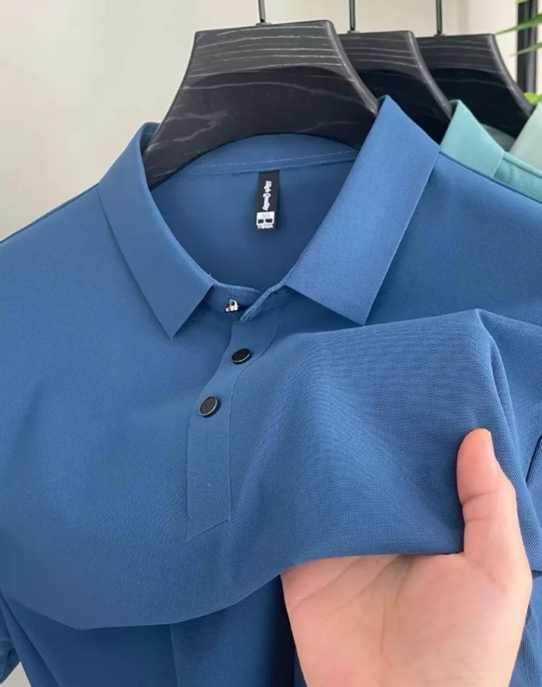 High end fashionable men's short sleeved summer new ice silk comfortable breathable polo shirt, high-quality casual T-shirt top