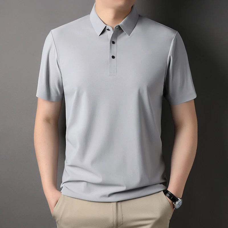 High end fashionable men's short sleeved summer new ice silk comfortable breathable polo shirt, high-quality casual T-shirt top