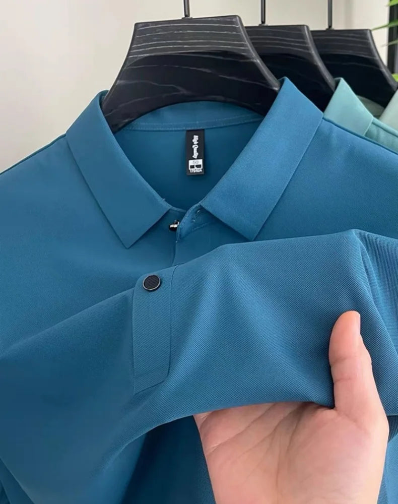 High end fashionable men's short sleeved summer new ice silk comfortable breathable polo shirt, high-quality casual T-shirt top