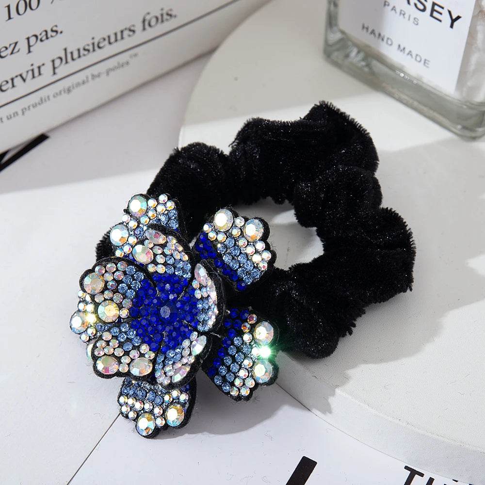 Women Rhinestone Scrunchies Velvet Elastic Hair Bands Flower Hair Rope Rings Ponytail Holder Crystal Headwear Hair Accessories