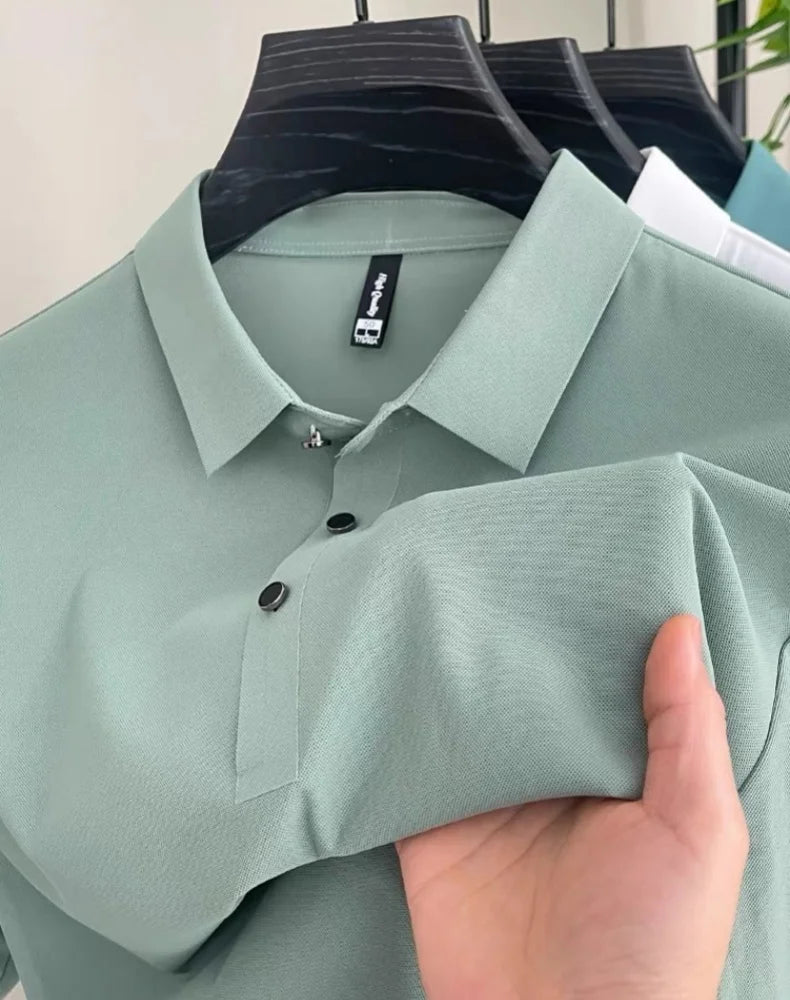 High end fashionable men's short sleeved summer new ice silk comfortable breathable polo shirt, high-quality casual T-shirt top