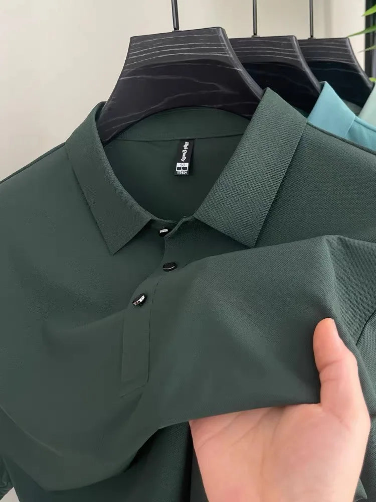 High end fashionable men's short sleeved summer new ice silk comfortable breathable polo shirt, high-quality casual T-shirt top